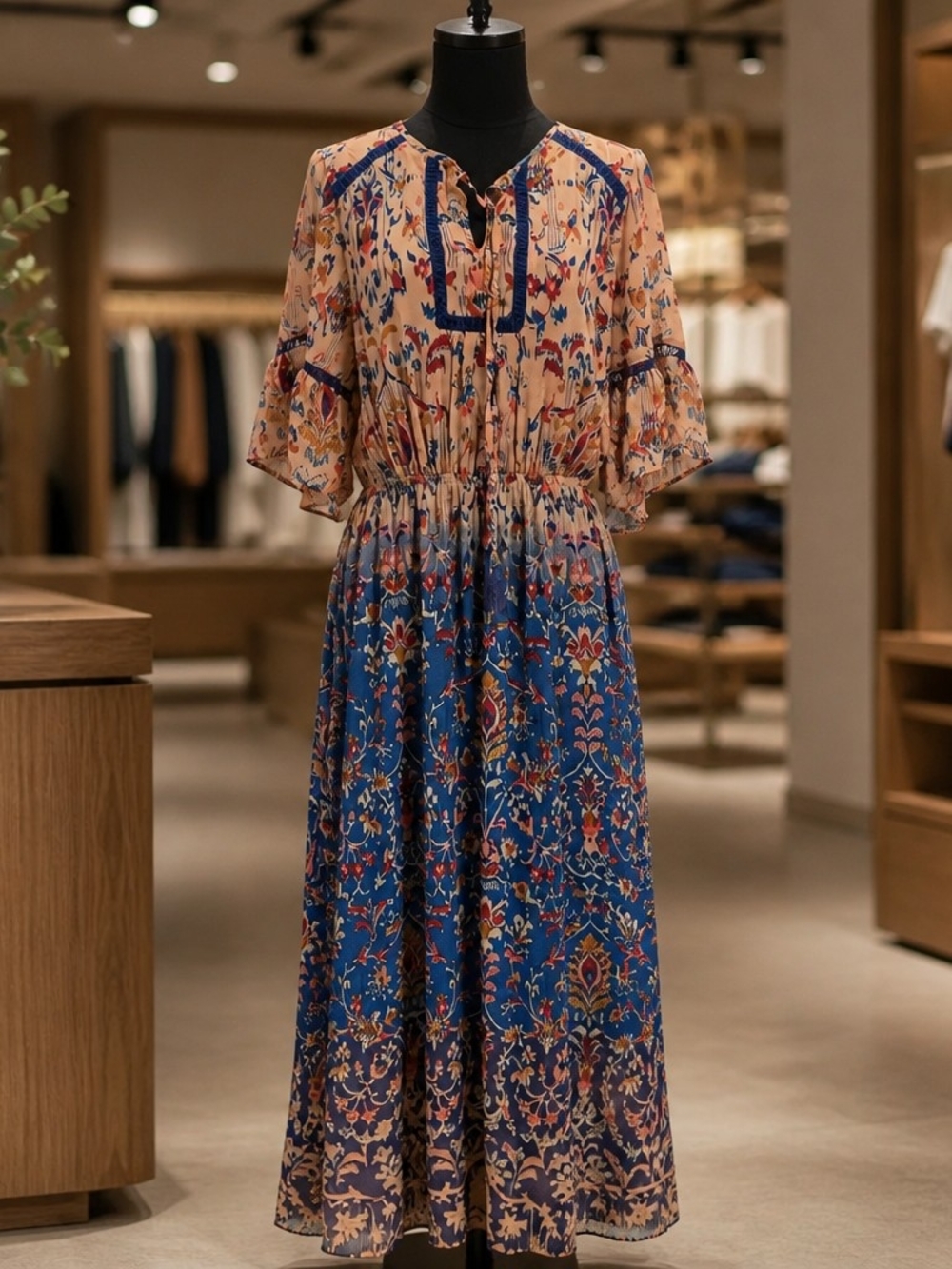 DR2 Two-Tone Floral Maxi Dress in Beige and Blue